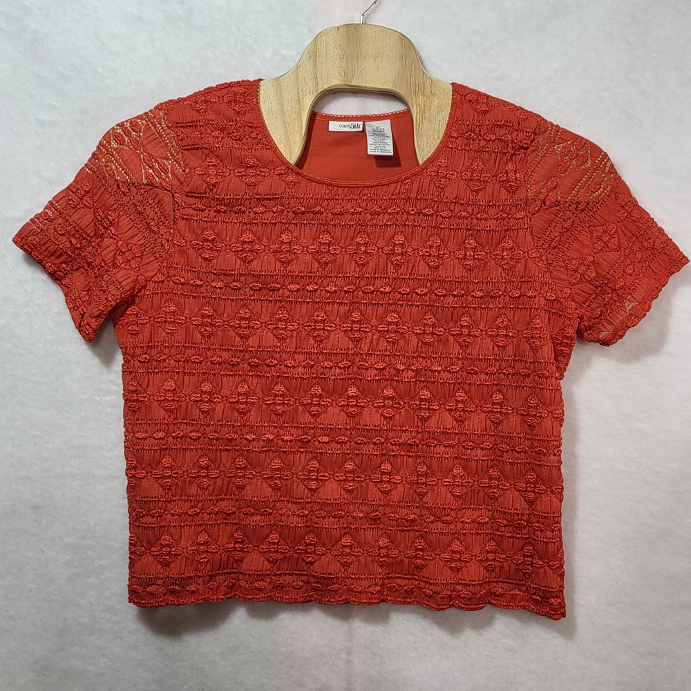 East 5th Woman Burnt Orange Textured Geometric Short Sleeve Blouse Plus 1X
